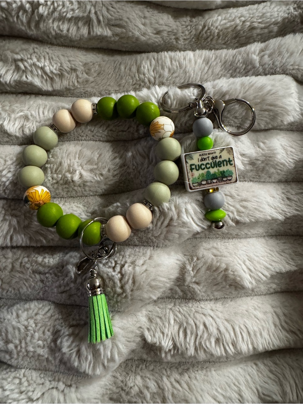 Beaded Keychain Bracelet with Succulent Keychain Set
